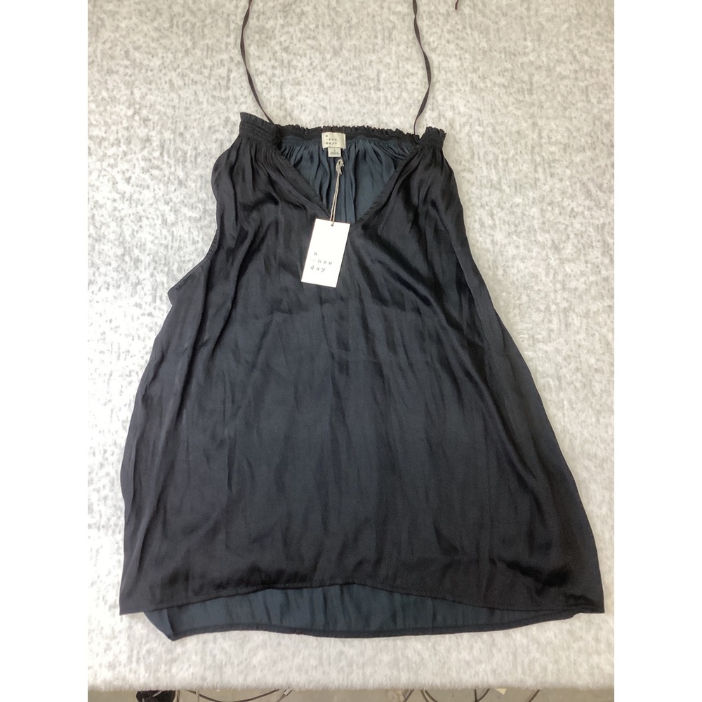 A New Day‎ Womens Black Satin Halter Neck Tie Back Tank Top Large NWT 564266